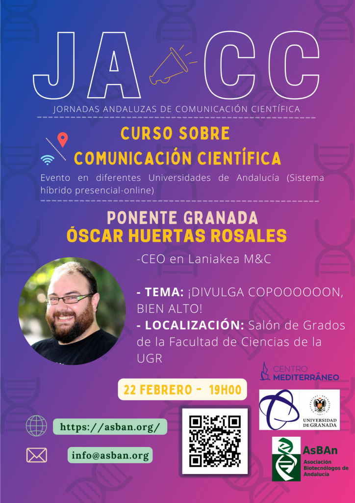 Cartel que resume la información que aparece en la web con la foto de Óscar Huertas Rosales, logos de colaboradores y un código QR
